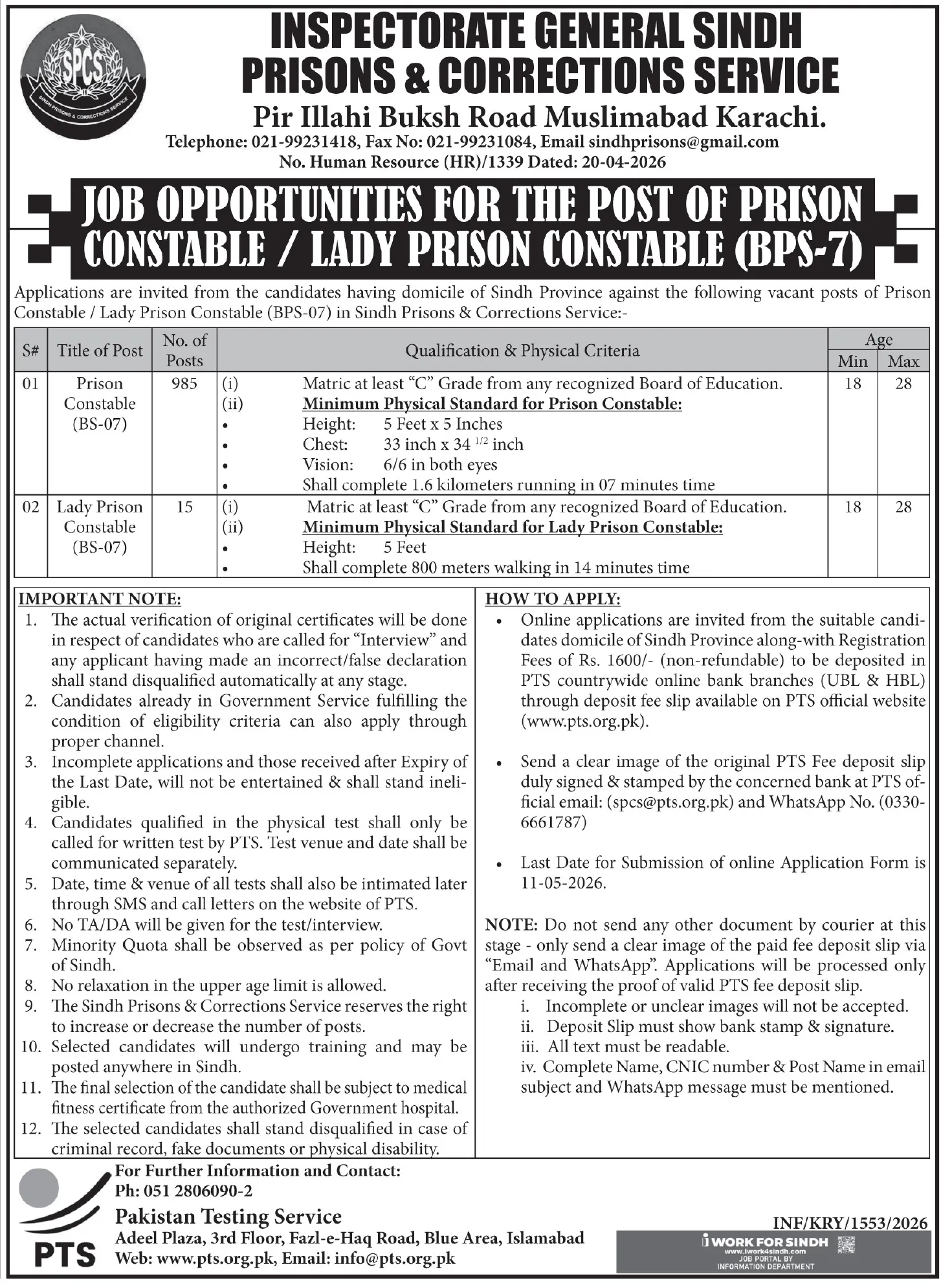 Sindh Prisons Constable Jobs 2026