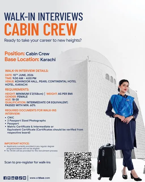 Airblue Cabin Crew Jobs Karachi 2026