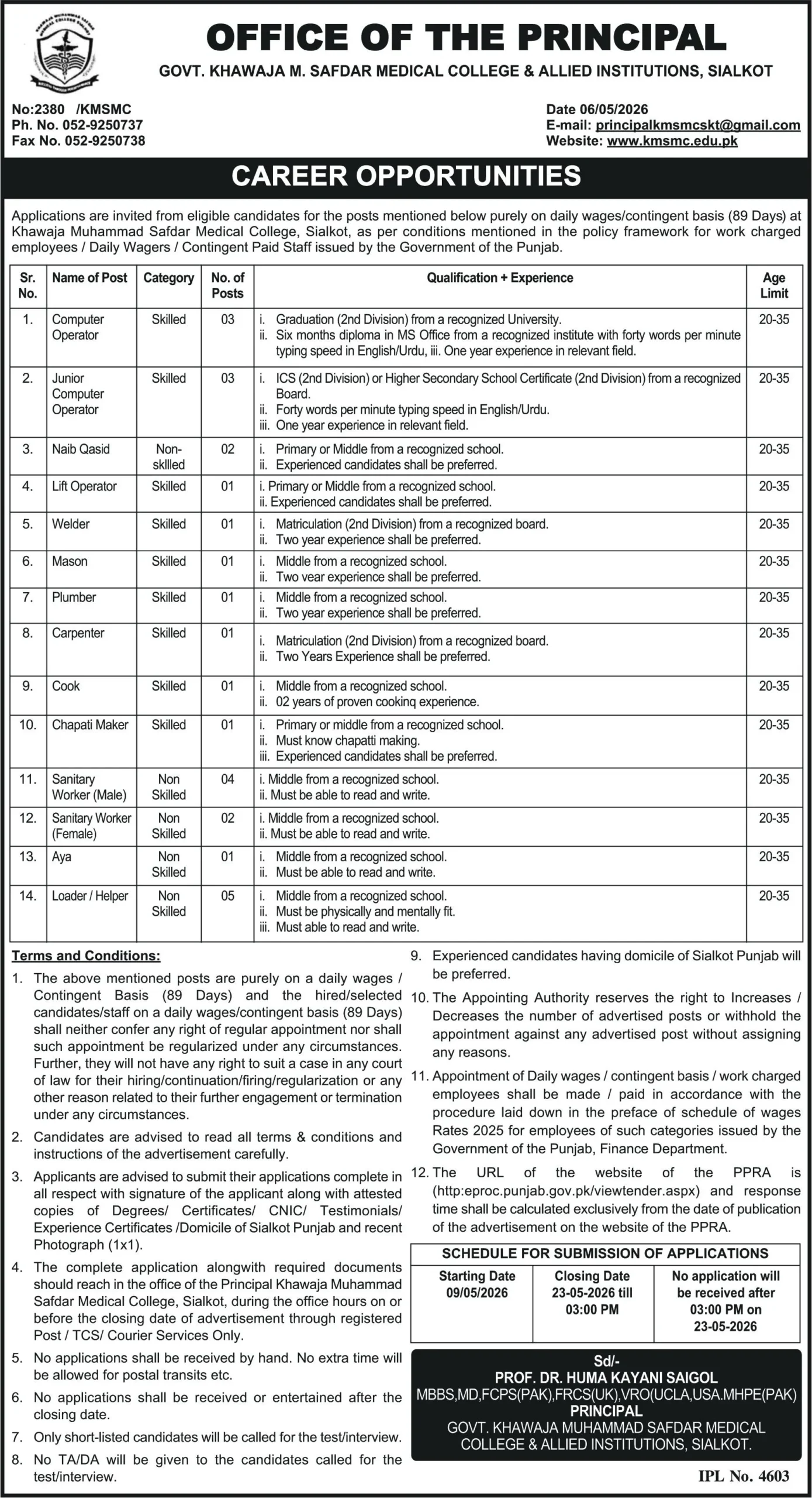 Govt Medical College Sialkot Jobs 2026 | Last Date 23 May