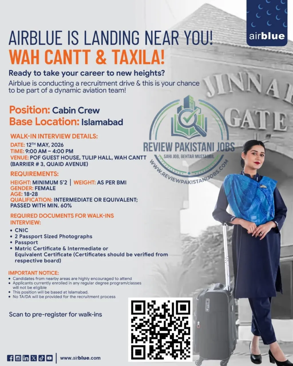 Airblue Cabin Crew Walk-In Interview 2026 – Wah Cantt | 12 May