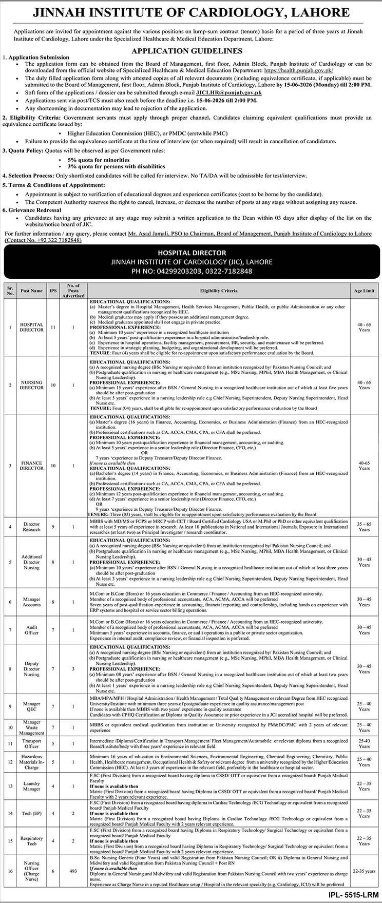 Jinnah Institute of Cardiology Lahore Jobs 2026