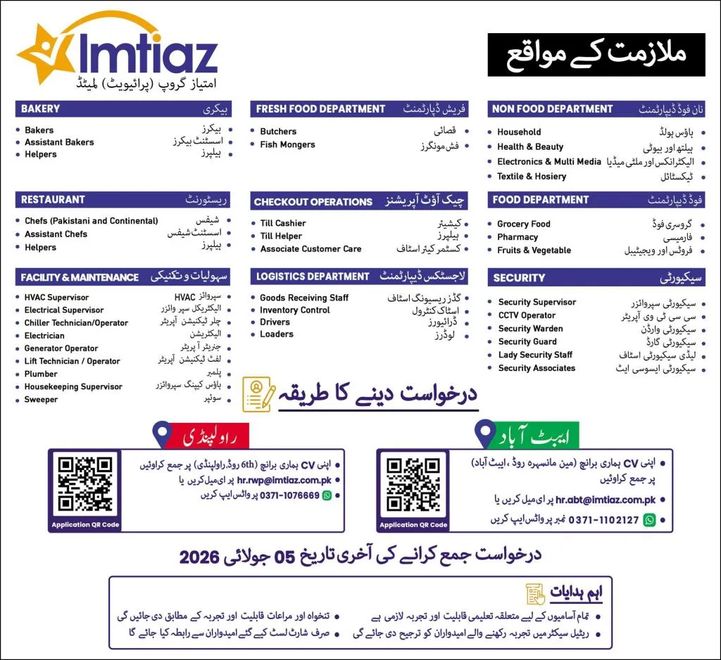 Imtiaz Group Jobs 2026 – Multiple Departments | Last Date July 5