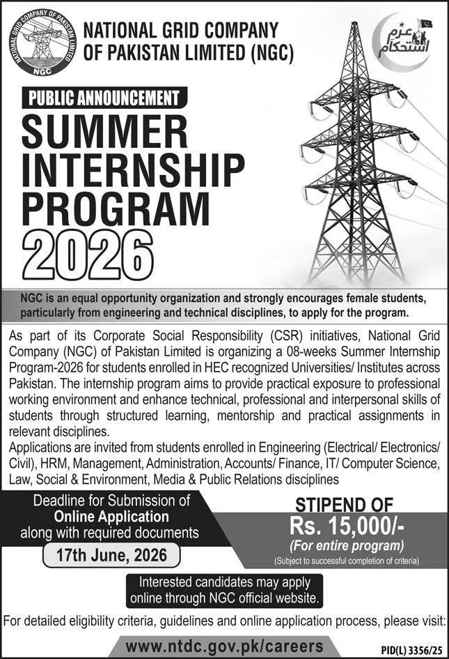 NGC National Grid Company Pakistan Summer Internship 2026 – 8 Weeks | Rs. 15,000 Stipend | Last Date 17 June