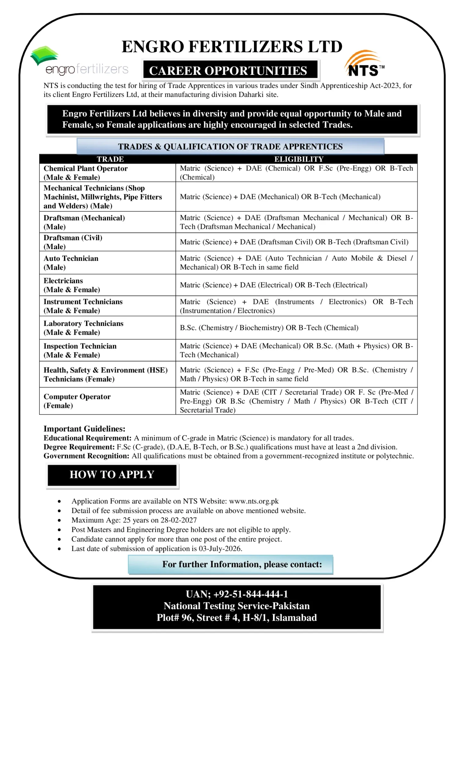 Engro Fertilizers Trade Apprentice Jobs 2026